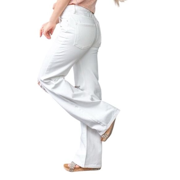 KANCAN Penelope 90s High Rise Button Fly Flare White Distressed Denim Jeans - Picture 3 of 10